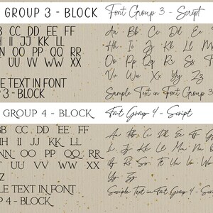 Pu&ograve; includere: Un'immagine digitale che mostra due diversi stili di font, blocco e corsivo, per le lettere A-Z. L'immagine mostra due set di font, etichettati come "Font Group 3" e "Font Group 4". Ogni gruppo di font mostra le lettere in entrambi gli stili, blocco e corsivo. L'immagine include anche il testo "SAMPLE TEXT IN FONT GROUP 3 - BLOCK" e "SAMPLE TEXT IN FONT GROUP 4 - BLOCK".