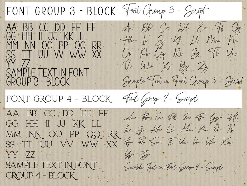 Pu&ograve; includere: Un'immagine digitale che mostra due diversi stili di font, blocco e corsivo, per le lettere A-Z. L'immagine mostra due set di font, etichettati come "Font Group 3" e "Font Group 4". Ogni gruppo di font mostra le lettere in entrambi gli stili, blocco e corsivo. L'immagine include anche il testo "SAMPLE TEXT IN FONT GROUP 3 - BLOCK" e "SAMPLE TEXT IN FONT GROUP 4 - BLOCK".