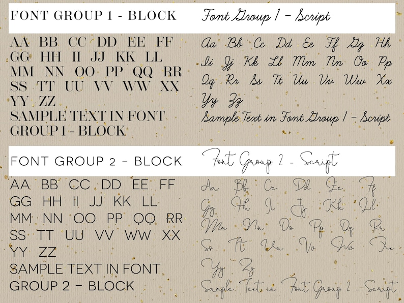 Pu&ograve; includere: Una guida visiva a due diversi stili di font, blocco e scrittura. L'immagine mostra l'alfabeto in entrambi gli stili, con testo di esempio che dimostra ogni gruppo di font.