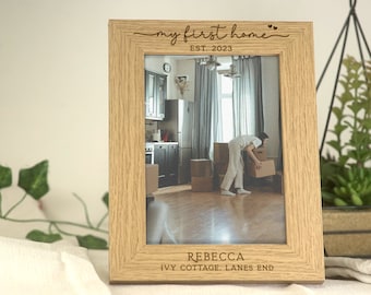 My First Home Gift | My First Home Wooden Engraved Photo Frame | Personalised Names & Address