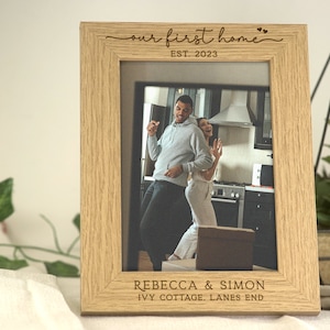 Our First Home Gift | Our First Home Wooden Engraved Photo Frame | Personalised Names & Address