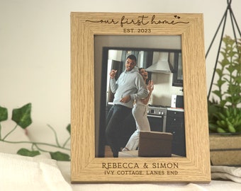 Our First Home Gift | Our First Home Wooden Engraved Photo Frame | Personalised Names & Address