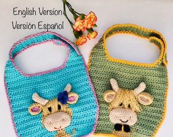 Crochet Baby Bib Pattern , Highland Cow Baby Dribble Crochet design