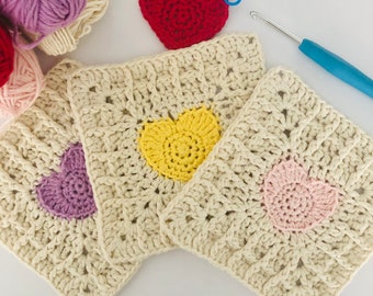 Heart Granny Square Crochet Pattern, Easy Heart Waffle Stitch Granny Square