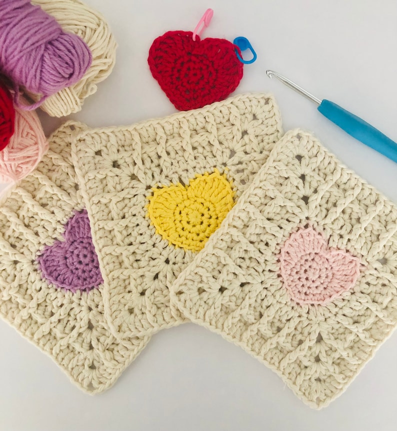 Heart Granny Square Crochet Pattern, Easy Heart Waffle Stitch Granny Square image 1
