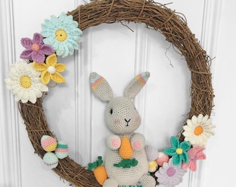 Easter Bunny Wreath Crochet Pattern, Spring Wall Hanging, Spring Flowers Door Decor, Spring Wreath Crochet Pattern