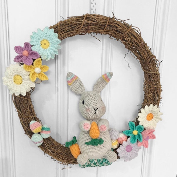 Easter Bunny Wreath Crochet Pattern, Spring Wall Hanging, Spring Flowers Door Decor, Spring Wreath Crochet Pattern