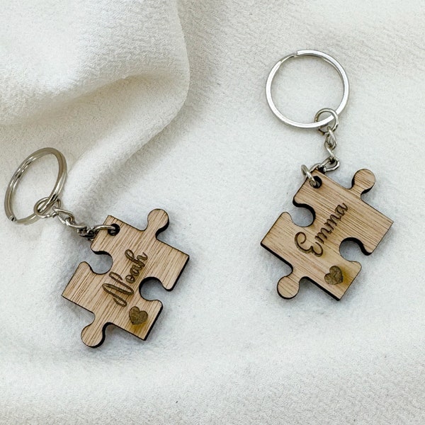 Personalised MINI Puzzle Piece Keyrings • Couple Key Ring Set • Friendship Valentines Gift • Wooden Jigsaw