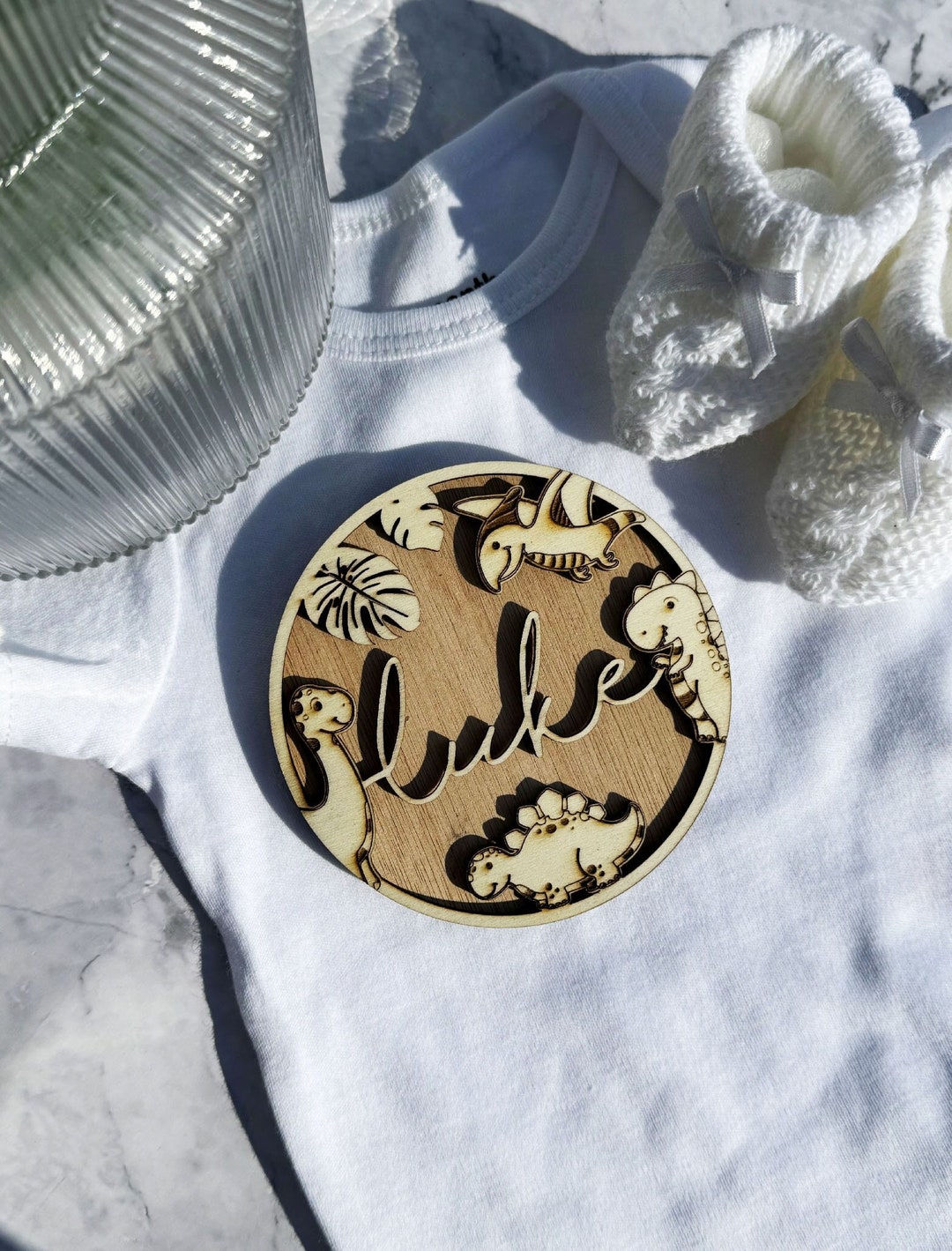 Custom Dinosaur Baby Name Reveal Disc - Personalized Wooden Dino Theme ...