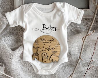 Safari themed Personalised Baby Arrival Sign | Baby Plaque | Hello World My Name Is Sign l Engraved Baby Name Plaque | Wooden Birth Gift