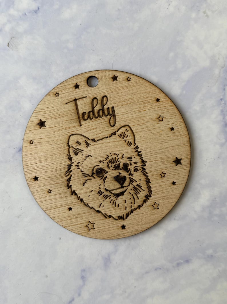 Custom Dog Christmas Ornament, Wooden Disc Engraved With Pomeranian