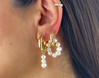 Stylish Asymmetric White Pearl Gold Hoop Earrings: Dangle Drop, Huggie CZ & Pearl Earrings for a Trendy Look!