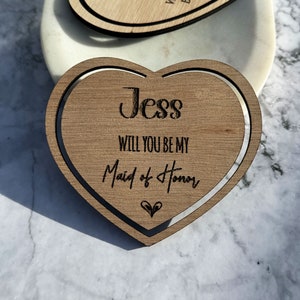 Cartões de madeira em forma de coração para proposta de madrinha | Will You Be My Bridesmaid, lembrança de madeira para pendurar | Enfeite personalizado para madrinha de casamento