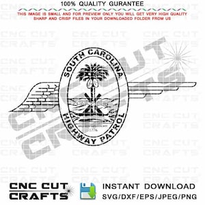 May include: Black and white vector graphic of the South Carolina Highway Patrol logo. The logo features a shield with the state seal, a palmetto tree, and the words "South Carolina" and "Highway Patrol".