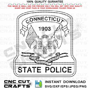 Connecticut State Police Badge Vector Svg Patch Black White Outline, Dxf, Eps, Cnc Router, Laser Cut File, Engraving File,