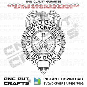 Assistant Chief svg vector badge Fire Dept. City of Yonkers black white outline badge with eagle without number cnc laser cut file
