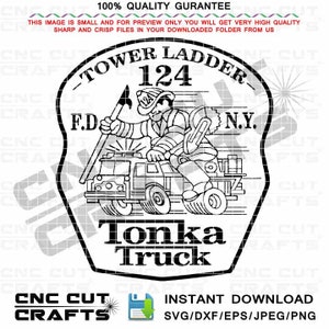 May include: Black and white illustration of a fire truck with a firefighter on top. The truck has the words "Tower Ladder 124 F.D. N.Y. Tonka Truck" on it.
