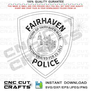 Stad fairhaven politie Svg, Badge, Vector, Patch, Shield, Logo, zwart wit, CNC, cricut, Laser, Metaal, Graveerbestand, DXF, PNG, Massa