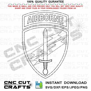 May include: A black and white line art illustration of the Airborne military insignia. The insignia features a sword with a lightning bolt design. The text "AIRBORNE" is written above the insignia.