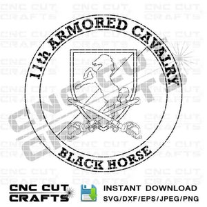 May include: Black and white line art design of the 11th Armored Cavalry's insignia. The design features a horse's head and crossed sabers inside a shield. The text "11th Armored Cavalry" and "Black Horse" are displayed around the shield.