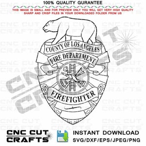 May include: Black and white line art illustration of a Los Angeles County Fire Department firefighter badge. The badge features a shield with a fireman's helmet, axe, ladder, and hose. The text "County of Los Angeles Fire Department Firefighter" is written on the badge.