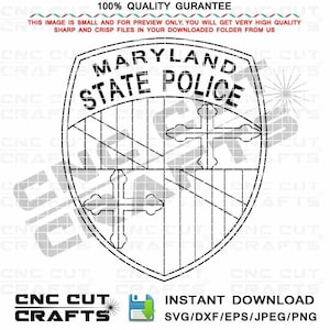 May include: Black and white line art illustration of the Maryland State Police badge. The badge is a shield shape with a cross in the center and the words "Maryland State Police" at the top.