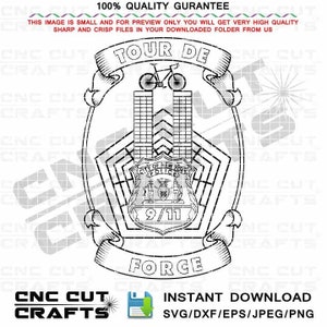 May include: Black and white line art design of a bicycle with the words "Tour De" above it. The design also includes the words "9/11 Force" and a stylized image of the Twin Towers.