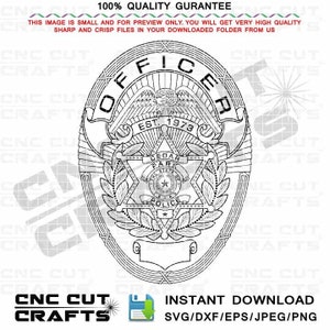 May include: Black and white line art illustration of a police badge with the text "OFFICER" and "CEDAR PARK POLICE" inside a star shape. The badge also includes the text "EST. 1973" and a stylized eagle.