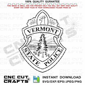 May include: Black and white line art illustration of the Vermont State Police badge. The badge features a shield with the words "Vermont State Police" around the perimeter. Inside the shield is a pine tree, a deer, and a mountain range.
