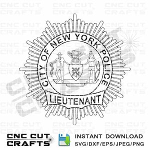 May include: Black and white line art illustration of a New York City Police Department badge. The badge features a starburst design with the words "City of New York Police" and "Lieutenant" in a banner.