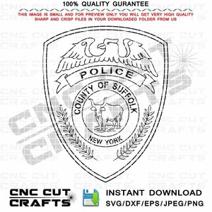 Könnte beinhalten: Schwarz-weiß-Linienzeichnung eines Polizeibadgens mit dem Text "Police, County of Suffolk, New York".
