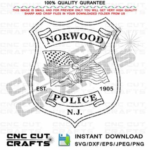 Norwood Police Badge Vector svg Norwood NJ Police Badge with flying eagle holding a wavy US flag black white outline cnc laser cut file