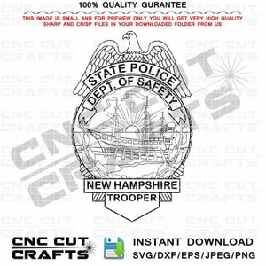 New Hampshire State Police Trooper svg Badge black white outline vector cnc cut, laser cut, wood cut, digital engraving file