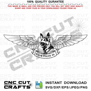 May include: Black and white vector illustration of a German Shepherd dog with wings and a banner that reads "State Police K9".