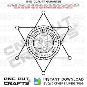 Op de afbeelding: Zwart-witte illustratie van een ster met een cirkel in het midden. De cirkel heeft de woorden "Illinois State Police" rond de buitenkant en "Integrity - Service - Pride" rond de binnenkant. Het midden van de cirkel toont een gestileerde adelaar en de staat Illinois.