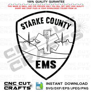 May include: Black and white graphic of the Starke County EMS logo. The design features a shield shape with the words "STARKE COUNTY" at the top and "EMS" at the bottom. A medical symbol is in the center.