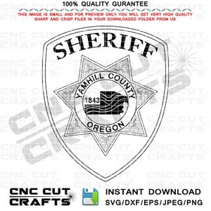 Puede incluir: Gráfico vectorial en blanco y negro de una placa de sheriff con el texto "Sheriff" en la parte superior, "Yamhill County" alrededor de una estrella y "Oregon" en la parte inferior. La placa tiene forma de escudo.