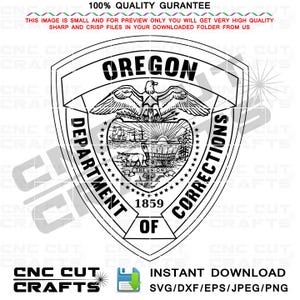 Könnte beinhalten: Schwarz-weiß Vektorgrafik des Siegels des Oregon Department of Corrections. Das Siegel zeigt einen Adler, eine Landschaftsszene und den Text "OREGON", "DEPARTMENT OF CORRECTIONS" und "1859 OF THE UNION". Enthält den Text "SOFORT-DOWNLOAD".