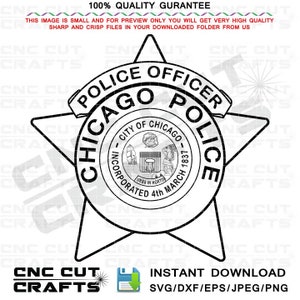 Cidade de Chicago, arquivo de contorno SVG do emblema do policial vetorial, roteador CNC, DXF, corte a laser, Cricut, gravação a laser, arquivo de gravação em madeira