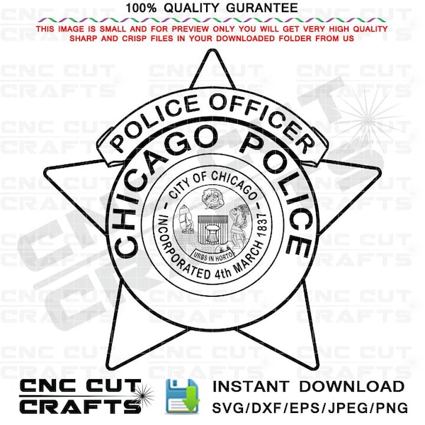 City of Chicago, Vector Police Officer Badge SVG Outline file, Cnc Router, DXF, Laser Cutting, Cricut, Laser Engraving, Wood Engraving file