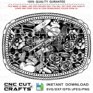Peut inclure: Un motif graphique ovale en noir et blanc représentant un revolver, des poings américains, des dés, des couronnes et des roses. Le mot Style est écrit sur une bannière en haut, et le mot Lucky est écrit sur une bannière au centre du dessin.