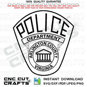May include: Black and white vector graphic of a police badge with the text "POLICE DEPARTMENT ARLINGTON COUNTY VIRGINIA".