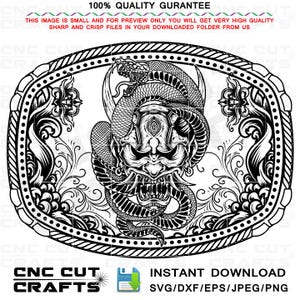 Peut inclure: Un design graphique numérique en noir et blanc représentant un masque Hannya central entrelacé avec un serpent enroulé, entouré d'une bordure ovale ornée d'éléments floraux en filigrane. Le design inclut le texte 100% QUALITY GURANTEE.