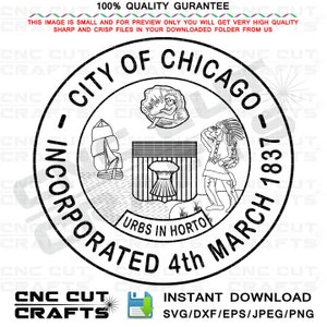 Chicago City Seal Svg, arquivo de arte Vector Black Line para máquina de corte digital, roteador cnc, gravura em madeira, gravação a laser, Cricut, dxf, png