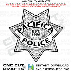 May include: Black and white line art illustration of a police badge with the words "PACIFICA POLICE" and "EST. 1959" inside a star shape.