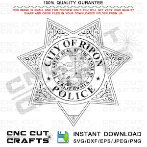 Pode incluir: Ilustração de arte de linha preta e branca de um distintivo de polícia com o texto "City of Ripon, The Great Seal of the State of California, Police".