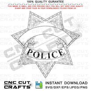 Puede incluir: Una ilustración en blanco y negro de una placa de policía con forma de estrella de cinco puntas y la palabra "POLICE" en una pancarta.