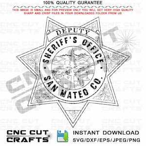 Könnte beinhalten: Schwarz-weiß-Linienzeichnung eines Sheriff-Abzeichens mit dem Text "DEPUTY SHERIFF'S OFFICE SAN MATEO CO."