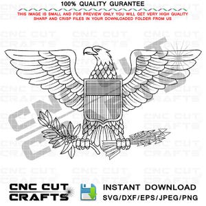 May include: A black and white line art illustration of a bald eagle with wings spread wide. The eagle holds an olive branch in one talon and a bundle of arrows in the other, with a shield featuring vertical stripes on its chest. Text reads 100% QUALITY GURANTEE.