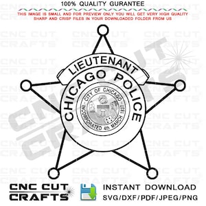 Polícia da Cidade de Chicago, Distintivo de Tenente, Vetor de 5 Pontas, Distintivo de Estrela Policial, Roteador CNC, Gravação a Laser, Cricut, Lima para Máquina de Corte V2